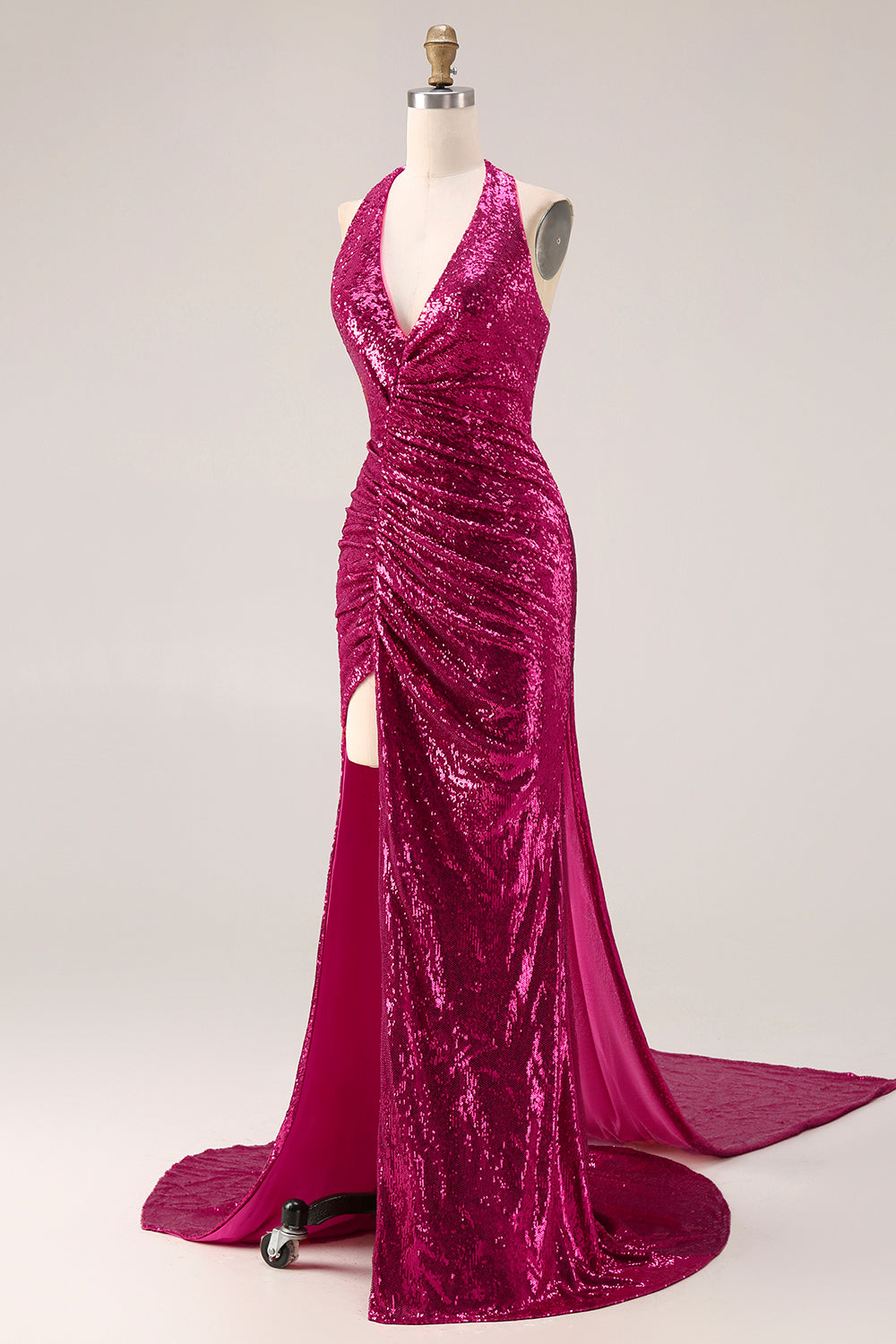 Sparkly Fuchsia Mermaid Halter Sequin Long Prom Dress with Cape
