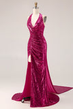 Sparkly Fuchsia Mermaid Halter Sequin Long Prom Dress with Cape
