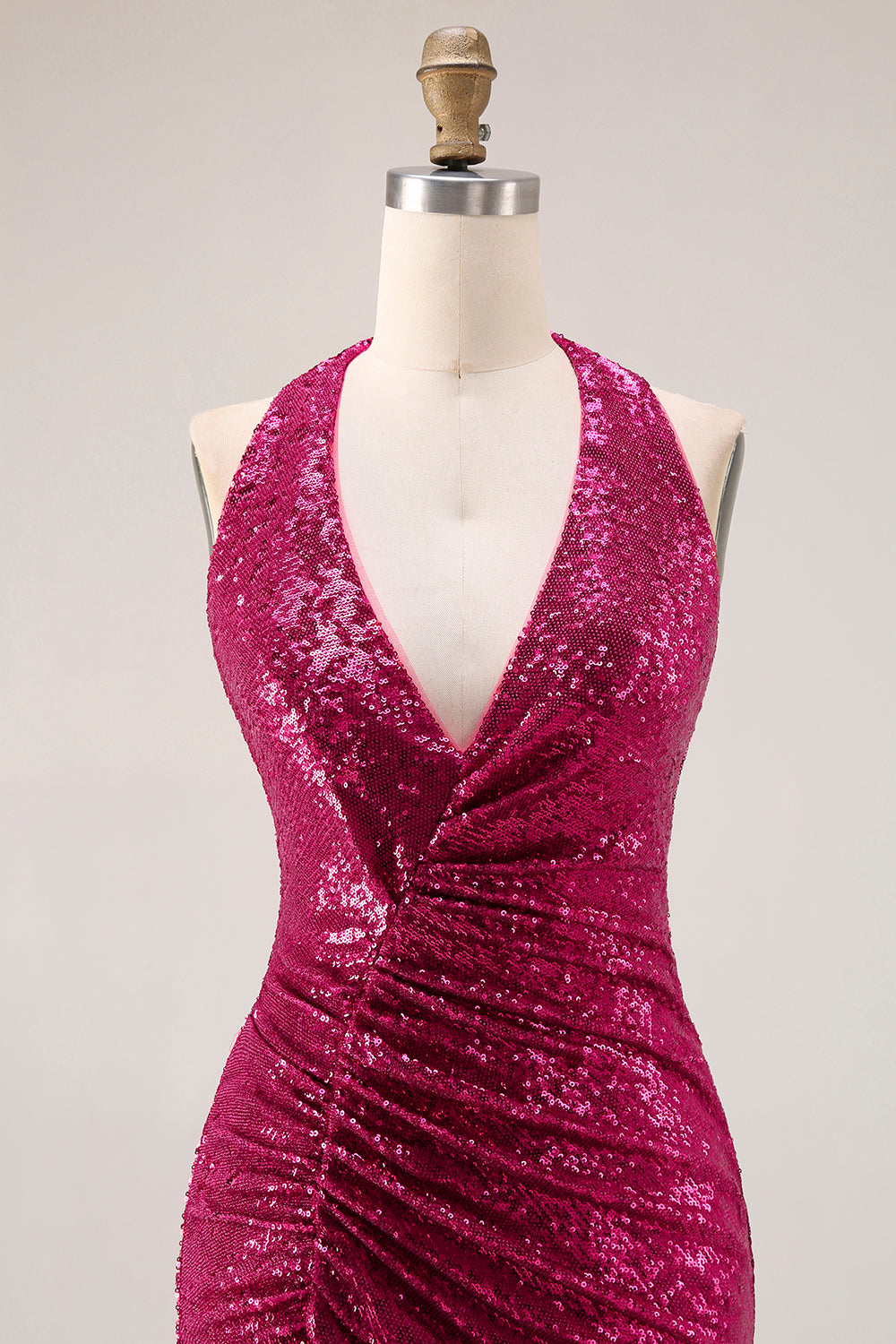 Sparkly Fuchsia Mermaid Halter Sequin Long Prom Dress with Cape