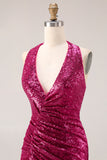 Sparkly Fuchsia Mermaid Halter Sequin Long Prom Dress with Cape