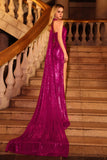 Sparkly Fuchsia Sequin Mermaid Halter Long Prom Dress with Cape