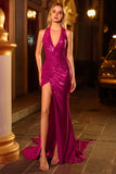 Sparkly Fuchsia Sequin Mermaid Halter Long Prom Dress with Cape