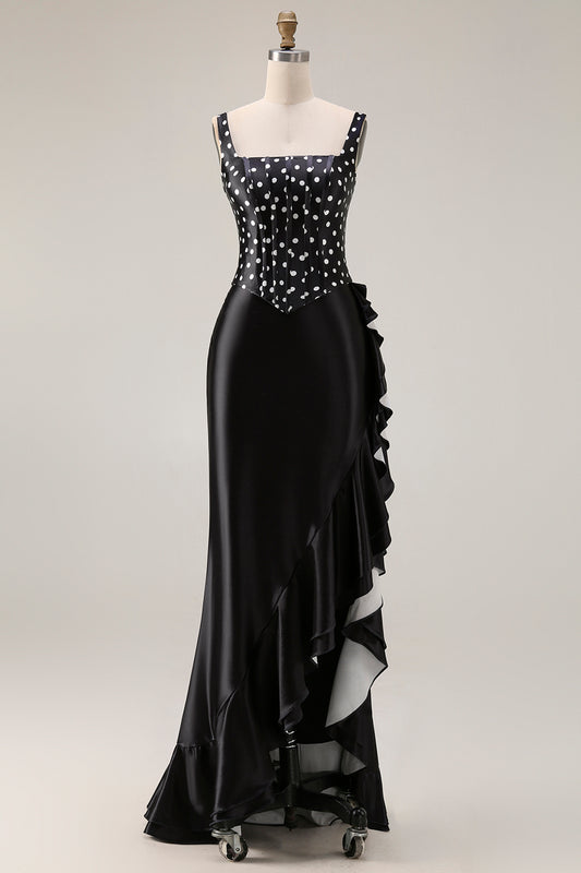Black and White Polka Dots Corset Mermaid Asymmetrical Prom Dress with Ruffles