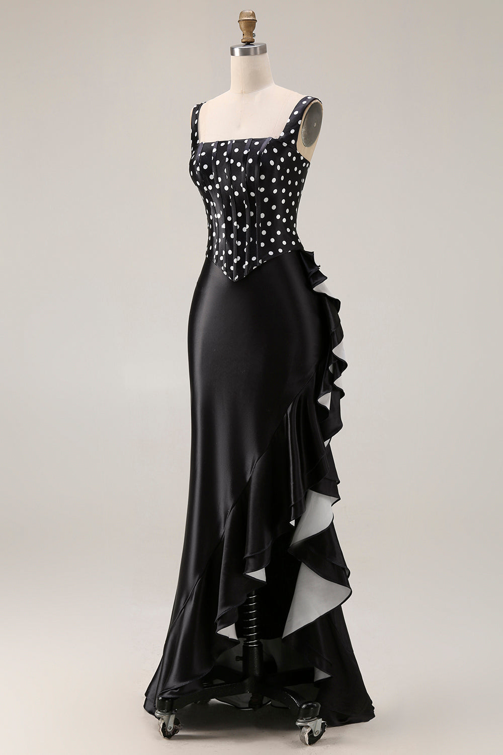 Black and White Polka Dots Mermaid Ruffled Asymmetrical Corset Prom Dress