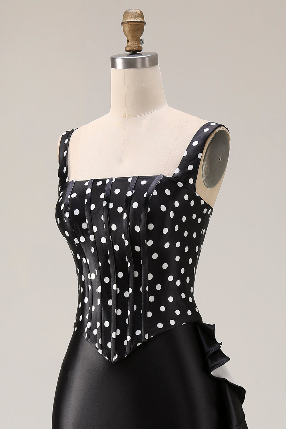 Black and White Polka Dots Mermaid Ruffled Asymmetrical Corset Prom Dress