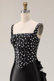 Black and White Polka Dots Mermaid Ruffled Asymmetrical Corset Prom Dress