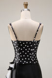 Black and White Polka Dots Mermaid Ruffled Asymmetrical Corset Prom Dress