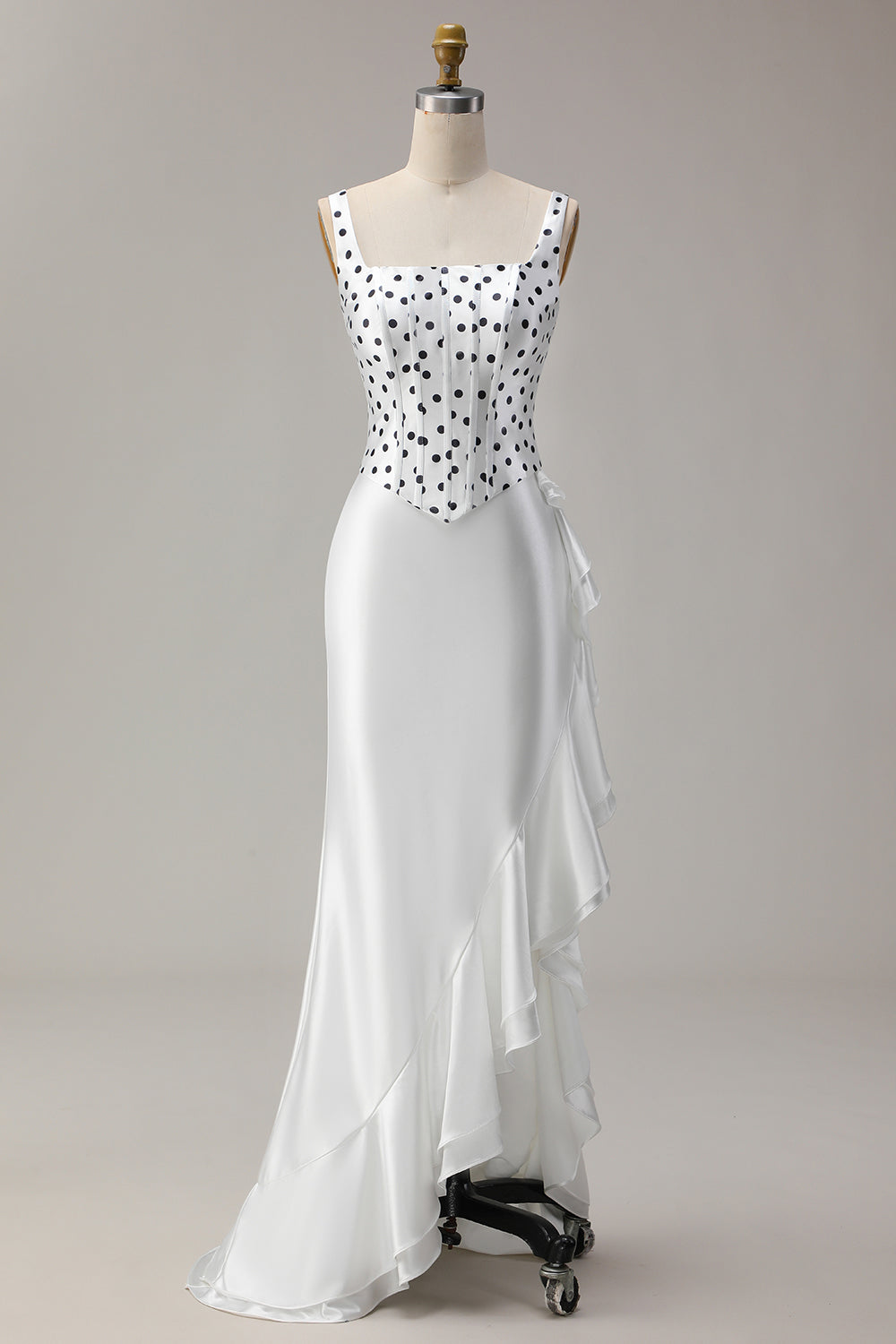 Black and White Polka Dots Mermaid Ruffled Asymmetrical Corset Prom Dress
