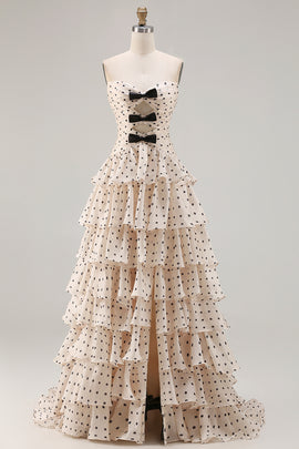 Black and Apricot Polka Dots A Line Strapless Long Corset Prom Dress with Keyhole