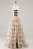 Black and Apricot Polka Dots A Line Strapless Long Corset Prom Dress with Keyhole