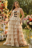 Black and Apricot Polka Dots A Line Strapless Long Corset Prom Dress with Keyhole