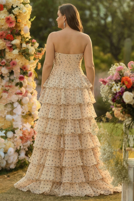 Black and Apricot Polka Dots Plus Size Strapless Tiered Long Corset Prom Dress with Keyhole