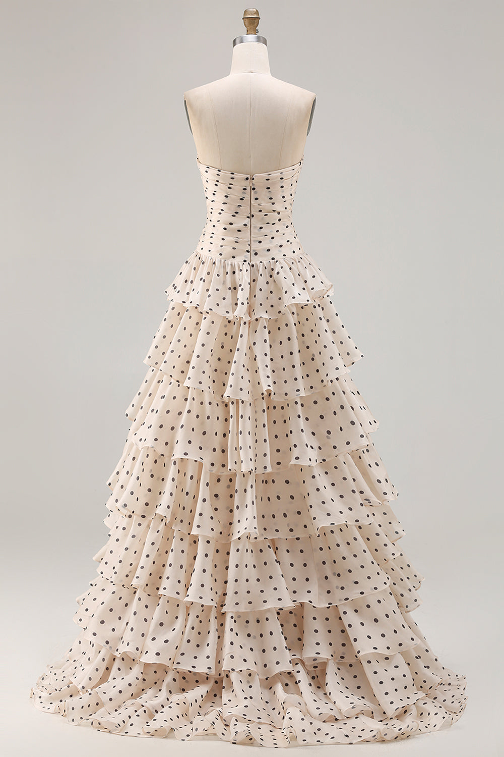 Black and Apricot Polka Dots A Line Strapless Long Corset Prom Dress with Keyhole