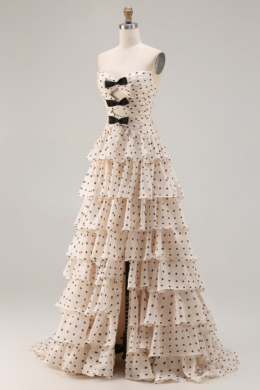 Black and Apricot Polka Dots A Line Strapless Long Corset Prom Dress with Keyhole