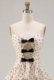 Black and Apricot Polka Dots A Line Strapless Long Corset Prom Dress with Keyhole