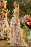 Apricot Black Polka Dots A Line Tiered Strapless Long Corset Prom Dress with Keyhole