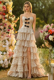 Black and Apricot Polka Dots A Line Strapless Long Corset Prom Dress with Keyhole