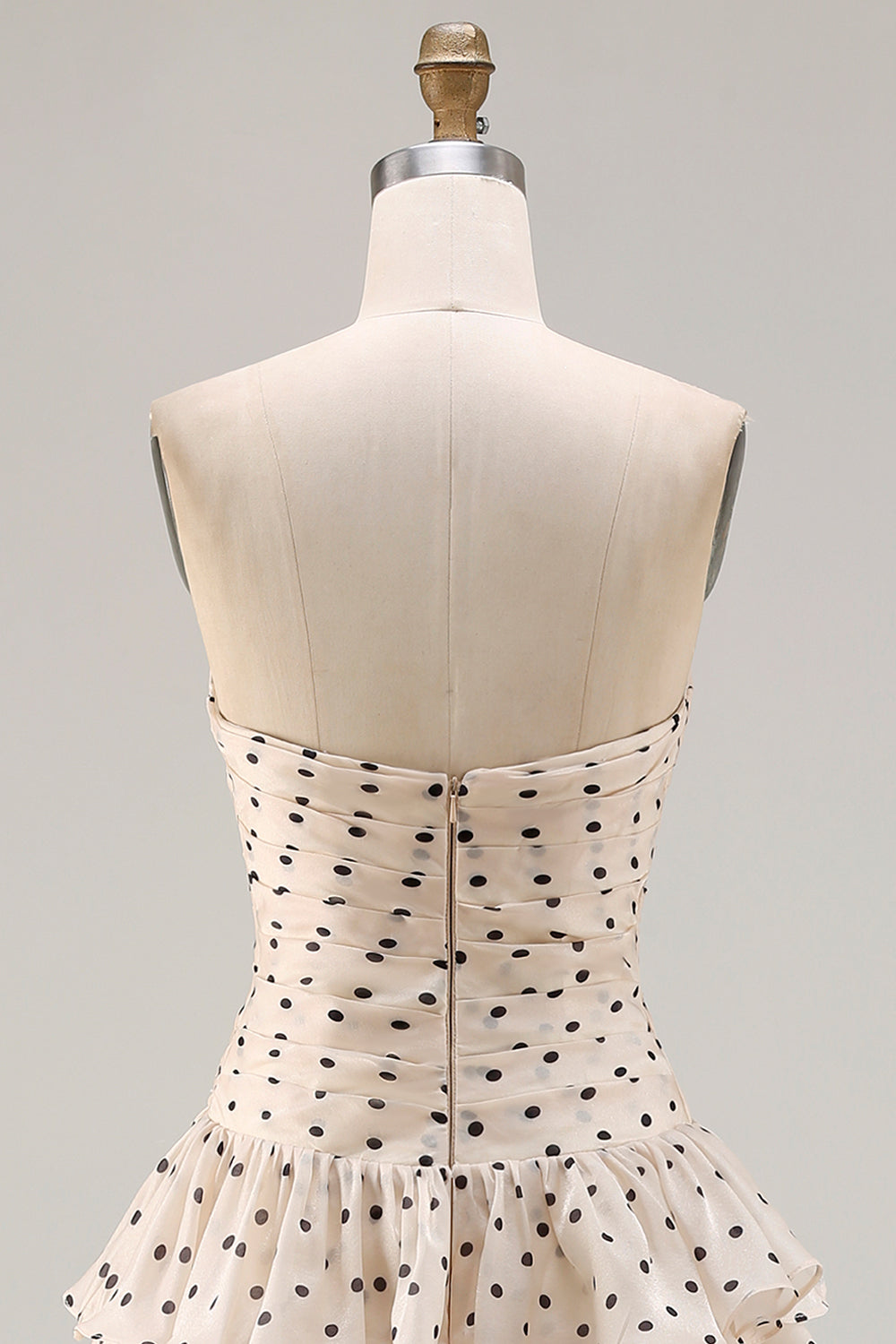 Black and Apricot Polka Dots A Line Strapless Long Corset Prom Dress with Keyhole