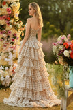 Black and Apricot Polka Dots A Line Strapless Long Corset Prom Dress with Keyhole