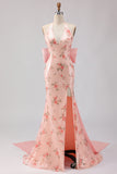 Sparkly Blush Halter Floral Mermaid Long Corset Prom Dress with Bow