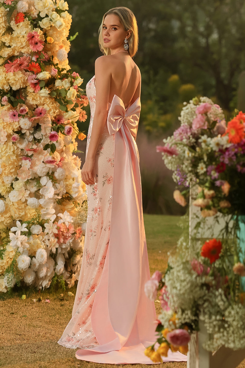 Sparkly Floral Blush Mermaid Halter Long Corset Prom Dress with Bow