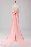 Sparkly Blush Halter Floral Mermaid Long Corset Prom Dress with Bow