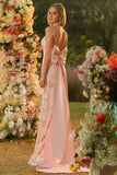 Sparkly Floral Blush Mermaid Halter Long Corset Prom Dress with Bow