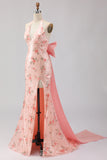Sparkly Blush Halter Floral Mermaid Long Corset Prom Dress with Bow