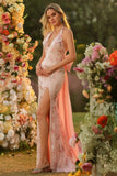Sparkly Floral Blush Mermaid Halter Long Corset Prom Dress with Bow