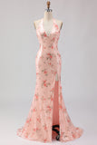 Sparkly Blush Halter Floral Mermaid Long Corset Prom Dress with Bow