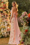 Sparkly Floral Blush Mermaid Halter Long Corset Prom Dress with Bow