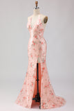 Sparkly Blush Halter Floral Mermaid Long Corset Prom Dress with Bow