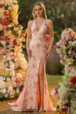 Sparkly Floral Blush Mermaid Halter Long Corset Prom Dress with Bow