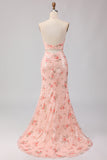 Sparkly Blush Halter Floral Mermaid Long Corset Prom Dress with Bow
