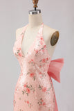 Sparkly Blush Halter Floral Mermaid Long Corset Prom Dress with Bow
