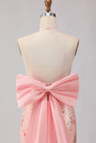 Sparkly Blush Halter Floral Mermaid Long Corset Prom Dress with Bow