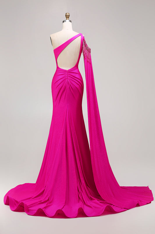 Sparkly Fuchsia Beaded Mermaid Long Prom Dress with Cape