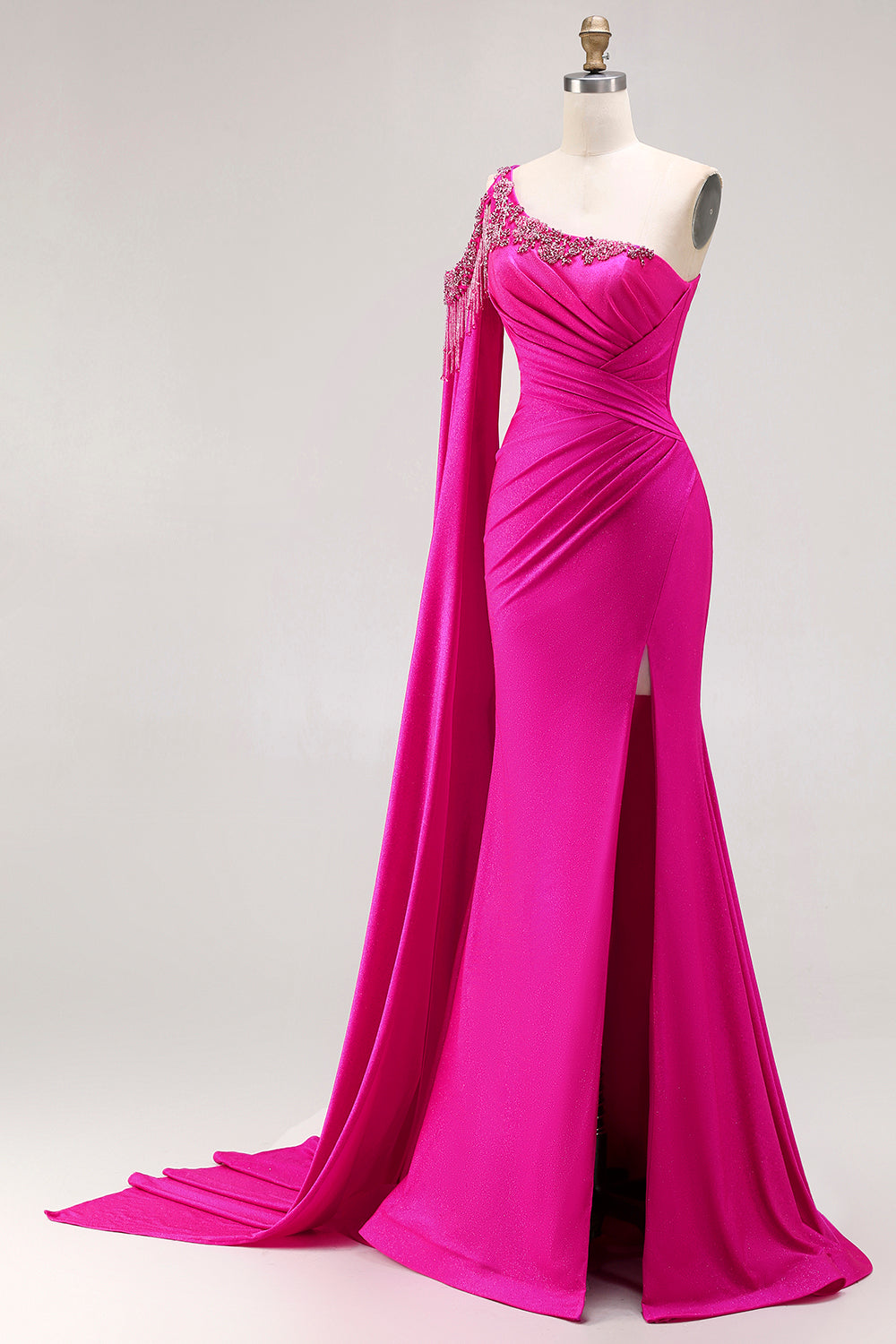 Sparkly Fuchsia Beaded Mermaid Long Prom Dress with Cape