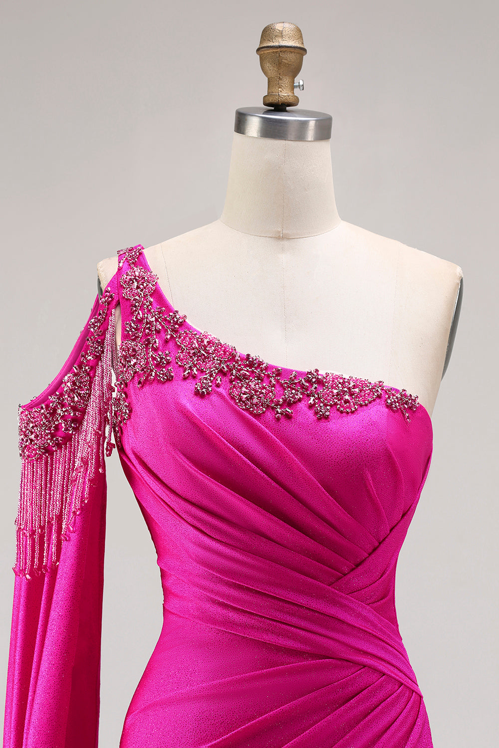 Sparkly Fuchsia Beaded Mermaid Long Prom Dress with Cape
