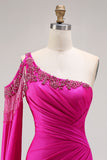 Sparkly Fuchsia Beaded Mermaid Long Prom Dress with Cape