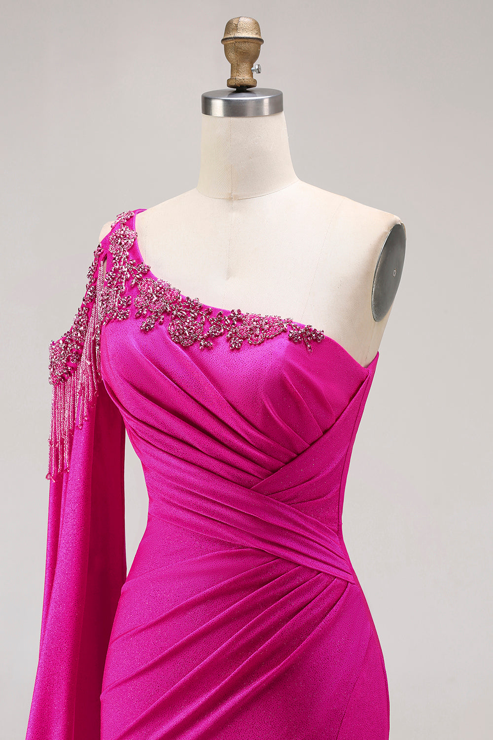 Sparkly Fuchsia Beaded Mermaid Long Prom Dress with Cape