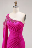 Sparkly Fuchsia Beaded Mermaid Long Prom Dress with Cape