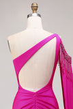 Sparkly Fuchsia Beaded Mermaid Long Prom Dress with Cape