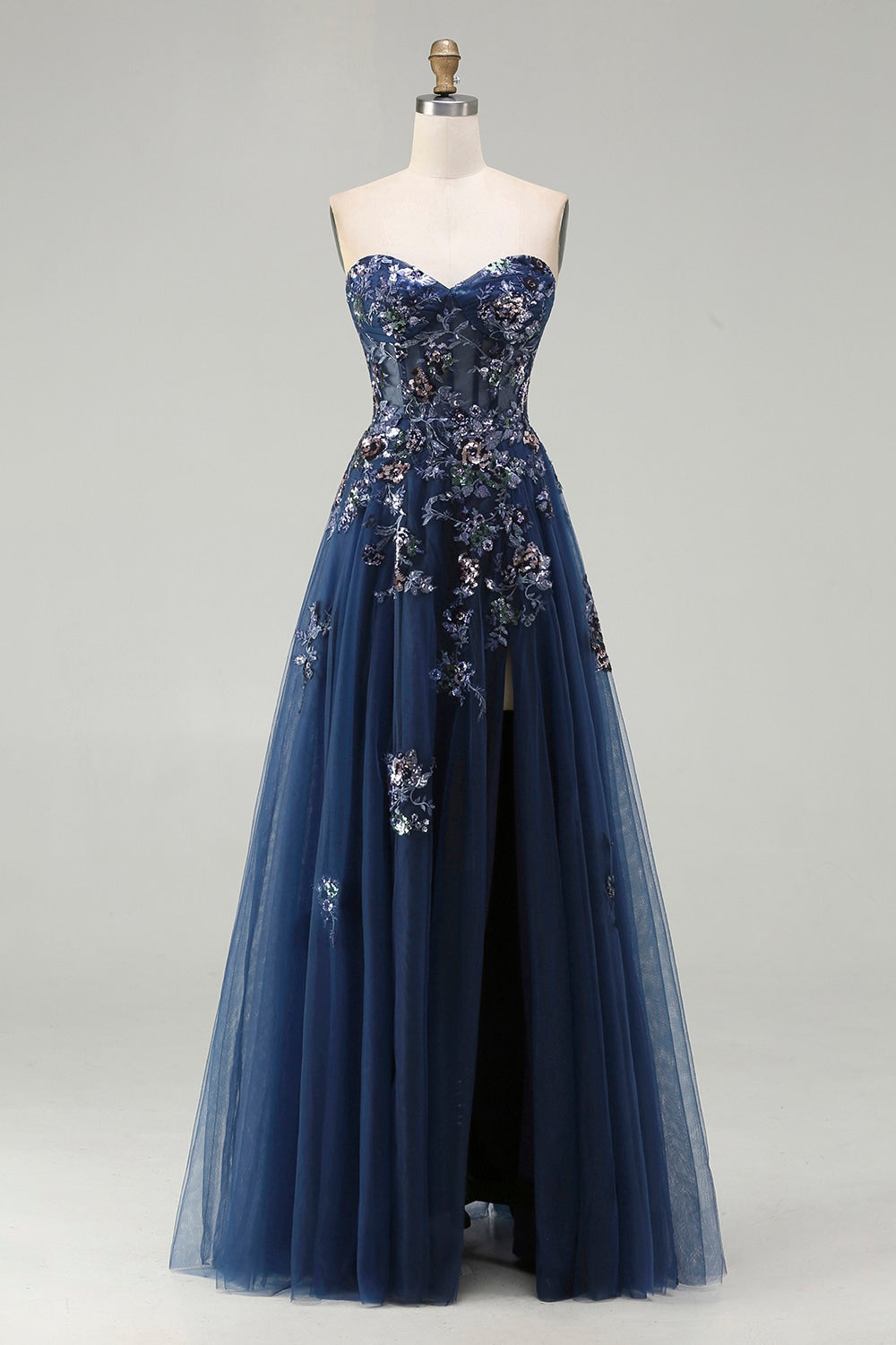 Sparkly Floral Navy A-Line Tulle Long Corset Prom Dress with Sequin