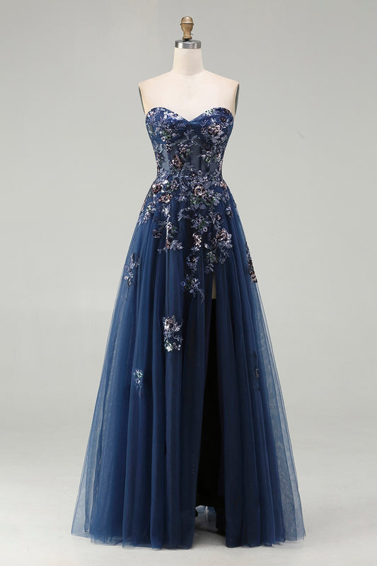 Sparkly Floral Navy A-Line Tulle Long Corset Prom Dress with Sequin
