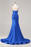 Sparkly Royal Blue Mermaid Beaded Long Corset Prom Dress with Appliques