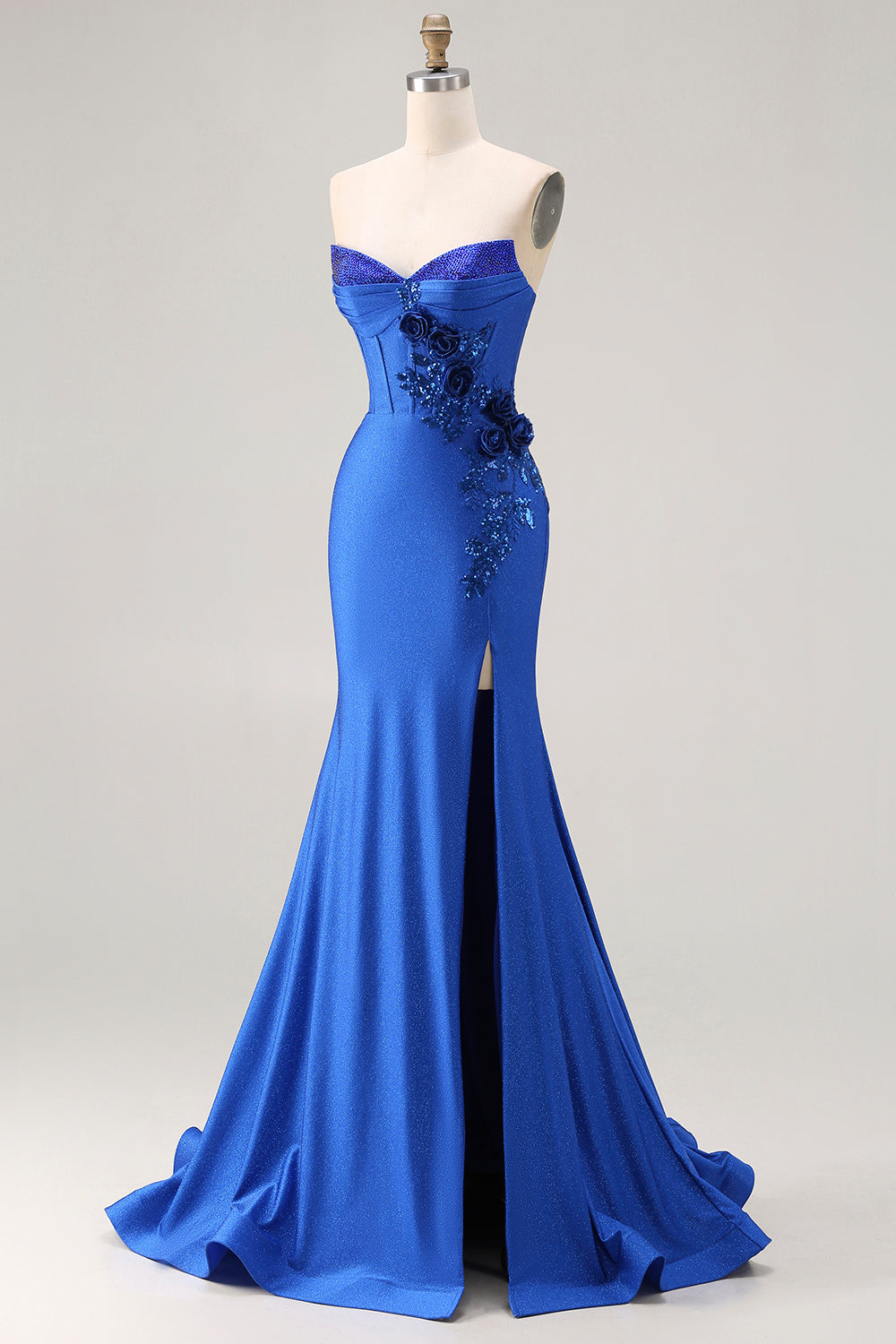 Sparkly Royal Blue Mermaid Beaded Long Corset Prom Dress with Appliques