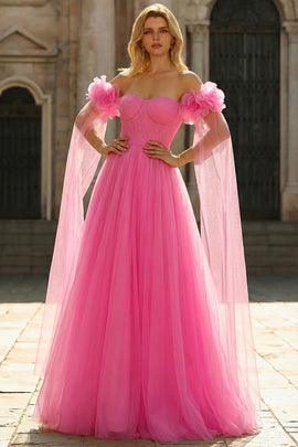 Hot Pink Tulle Off the Shoulder Long Prom Dress with 3D Flowers