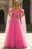 Hot Pink Off the Shoulder Long Tulle Prom Dress with 3D Flowers