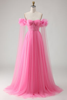 Hot Pink Off the Shoulder Long Tulle Prom Dress with 3D Flowers